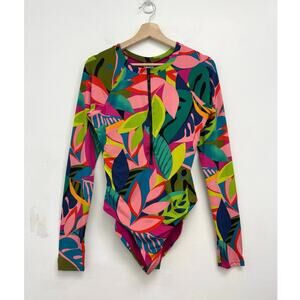 Trina Turk Rainforest Open Back Long Sleeve Paddle Suit Tropical Print - Large